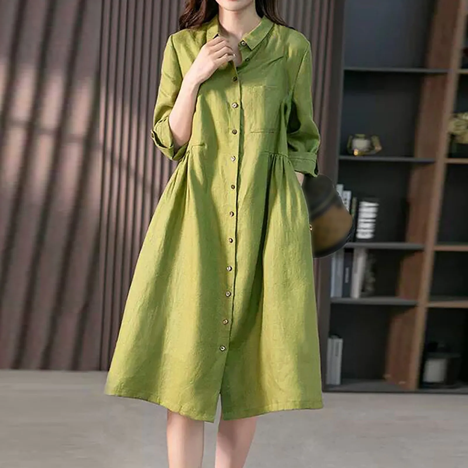 

Elegant Women Shirt Dress Spring Stylish Lapel Neck Long Sleeve Solid Vestiods Casual Buttons Down Midi Sundress Robes Vestidos