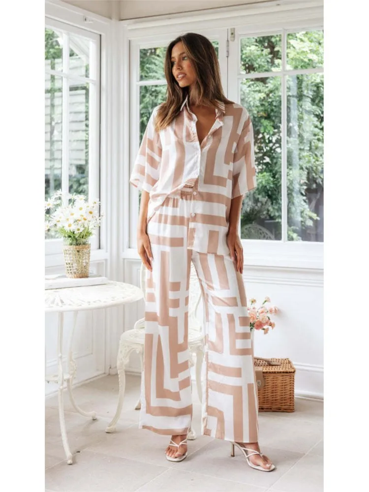 Women Print Summer Two Piece Sets Fashion Elegnat Office Casual Loose Female Top Shirt & Wide Leg Long Pants Set New Holiday