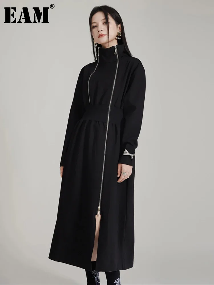 [EAM] Women Black Zipper Slit Irregular Elegant Long Dress New Turtleneck Long Sleeve Fashion Tide Spring Autumn 2024 1DH7991