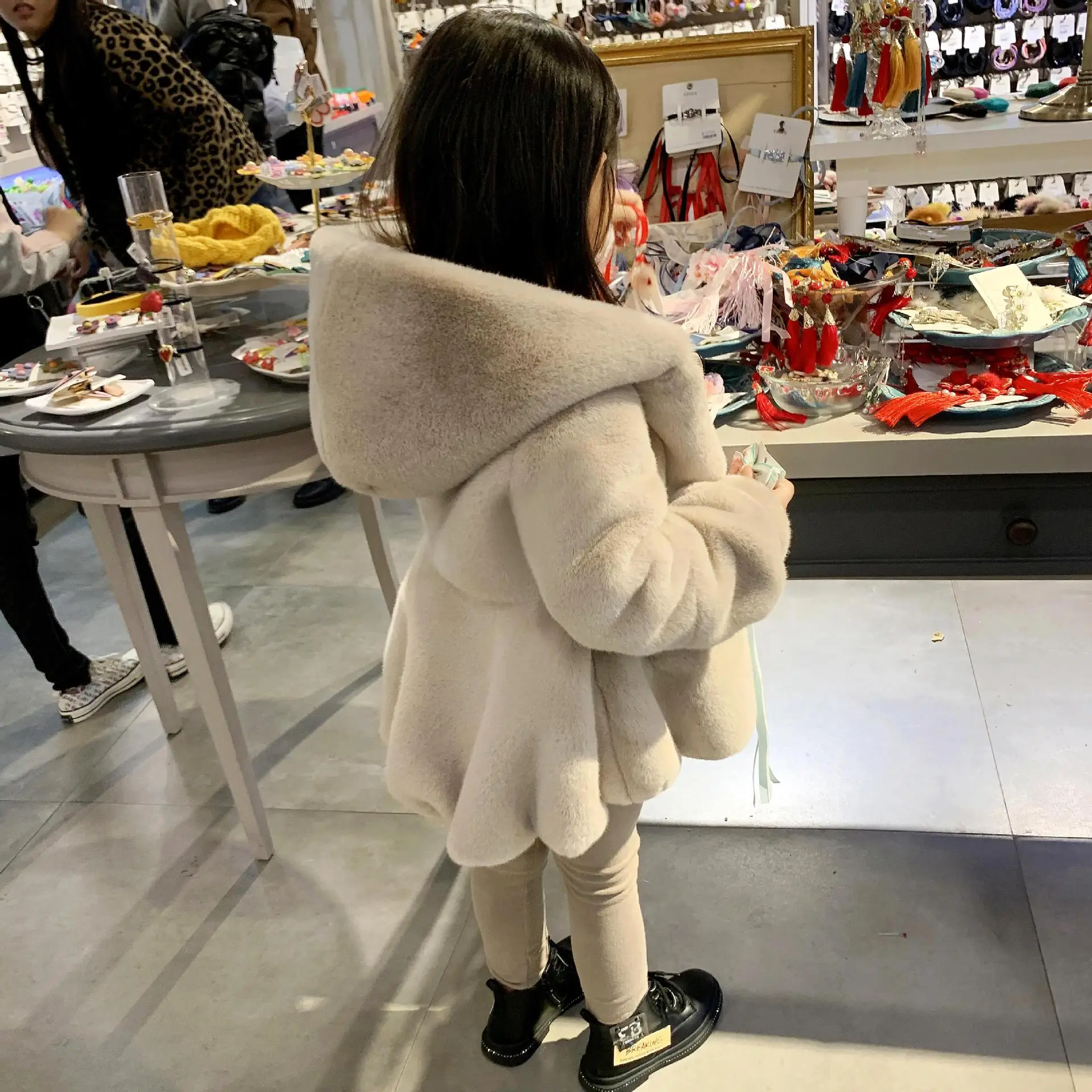 Faux Rabbit Fur Coats Children Solid Fur Jackets Hooded Zipper Long Sleeves Flowy Hem Thick Loose Fit Casual 2025 Autumn Winter