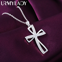 Promotions 45cm 925 sterling silver necklace charm for women cyrstal Cross pendant chain jewelry fashion cute wedding party