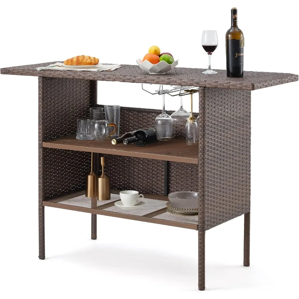 

Patio Wicker Bar Tables, Outdoor Rattan Counter Tables with Steel Storage Shelves & Wine Rack for Party&Picnic, Bar Tables