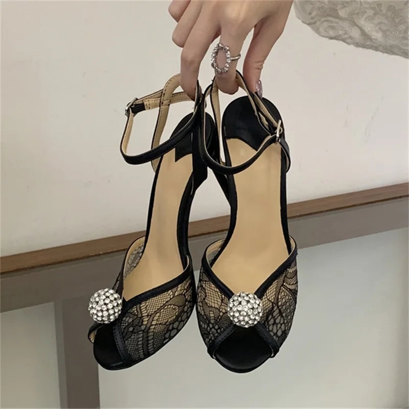 Eilyken Fashion CRYSTAl Breathable Mesh Peep Toe Women Sandals Sexy Thin High Heels Buckle Strap Banquet Prom Shoes - view 5