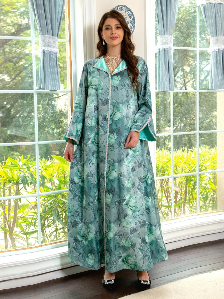 Eid Muslim Print Flowers Long Dress Women Ramadan Abaya Diamond Dubai Arabic Turkey Islam Kaftans Robes Party Caftan Kaftan 2023