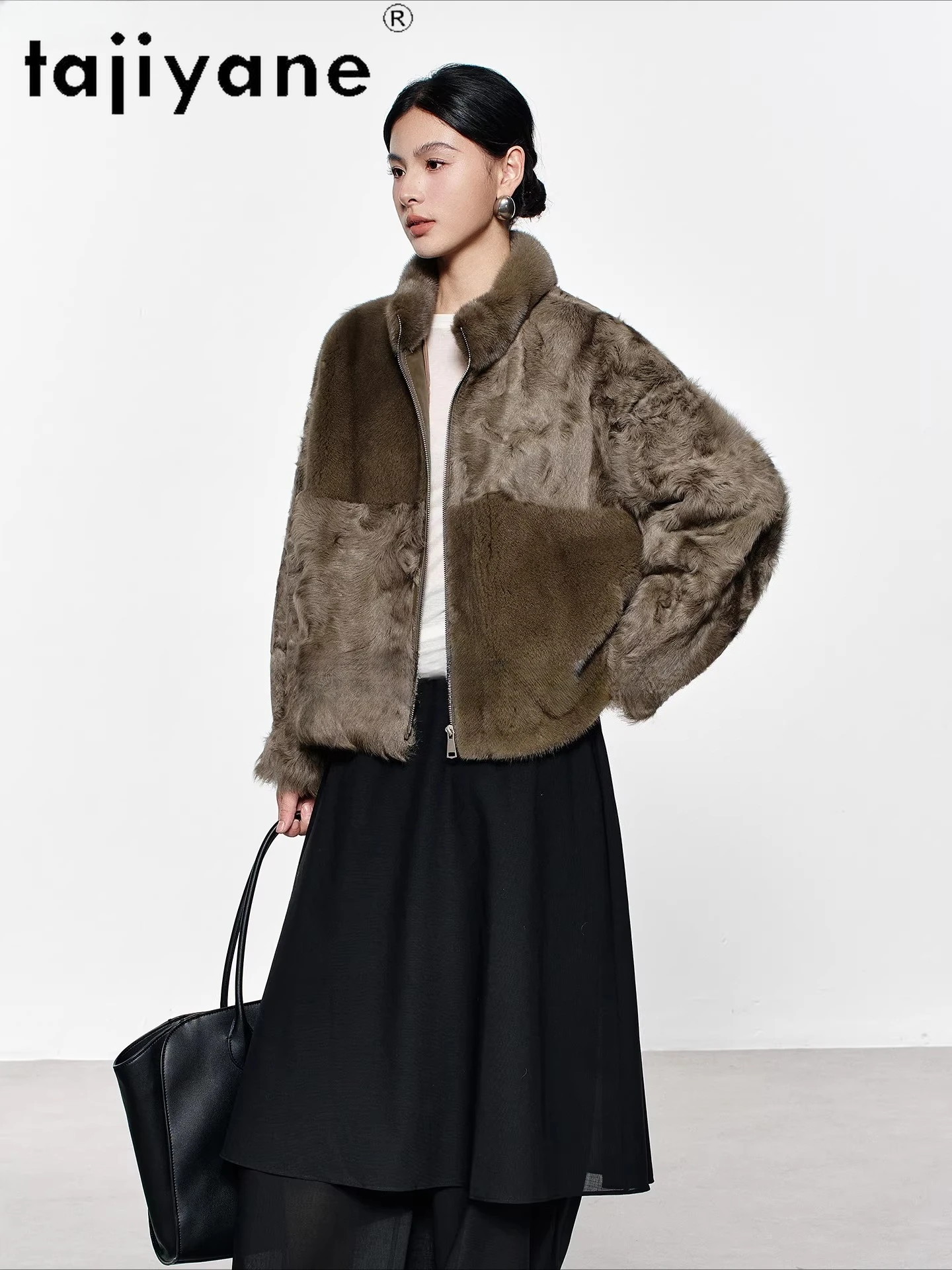 TAJIYANE Visone Impiombato con Pelliccia di Pecora Giubbotti Donna Colletto alla coreana Breve Giacca di Pelliccia Reale Abbigliamento Donna Inverno Nuovo in Cappotto Шуба