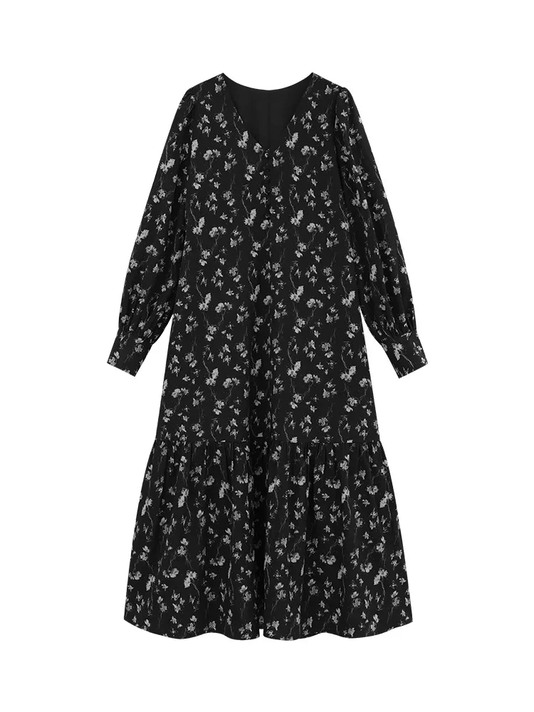 Elegant Floral Chiffon Long Dress Women French Style V-Neck Slim Fit A-Line Maxi Dress with Waist Tie Spring Autumn Chic Outfit