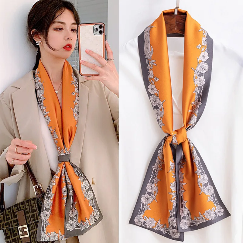 Luxury Design Print Silk Long Scarf Women Soft Satin Horse Hairband Neckerchief Office Hijab Headband Foulard Bag Ribbons Gift