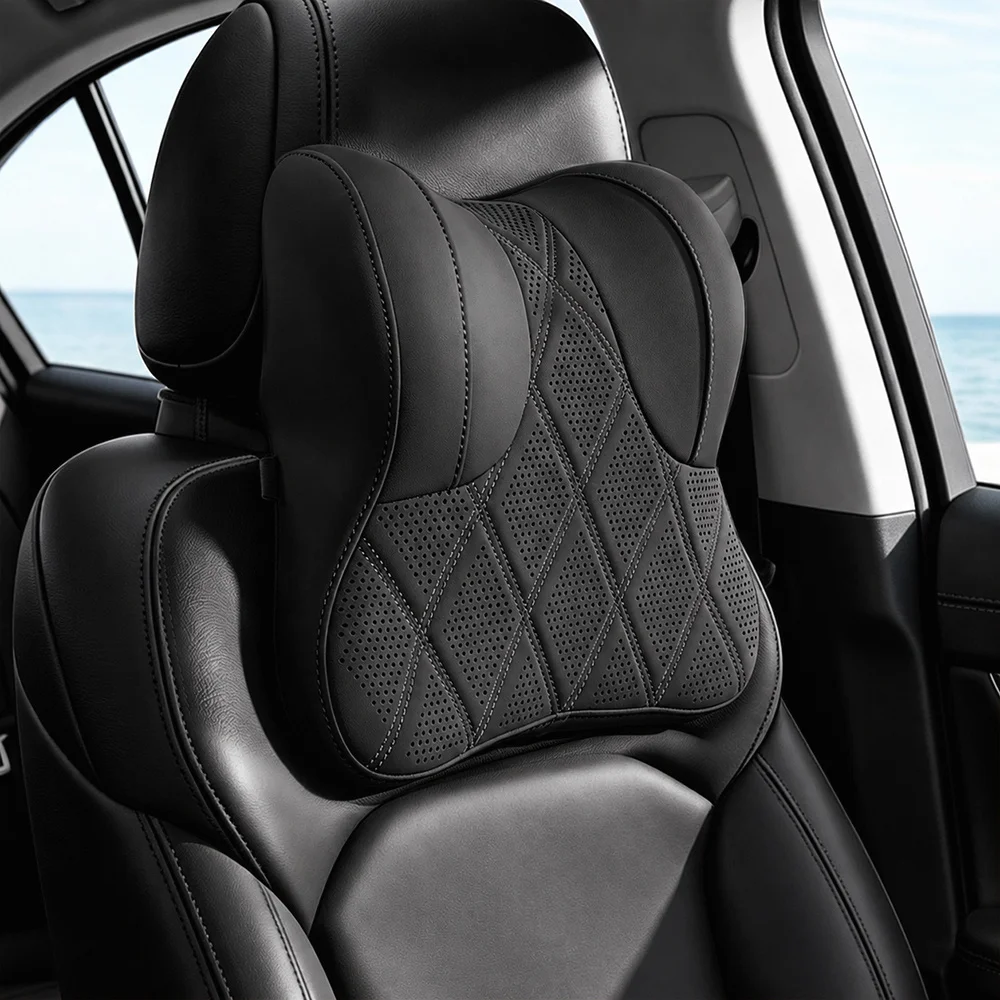 Autokopfstütze, atmungsaktives, perforiertes PU-Leder-Nackenkissen, ergonomisches, umschließendes Design zum Schutz des Nackens, weiches und bequemes Autositzkissen, geeignet für das tägliche Fahren und Reisen in Limousinen und SUVs. – Detail 10