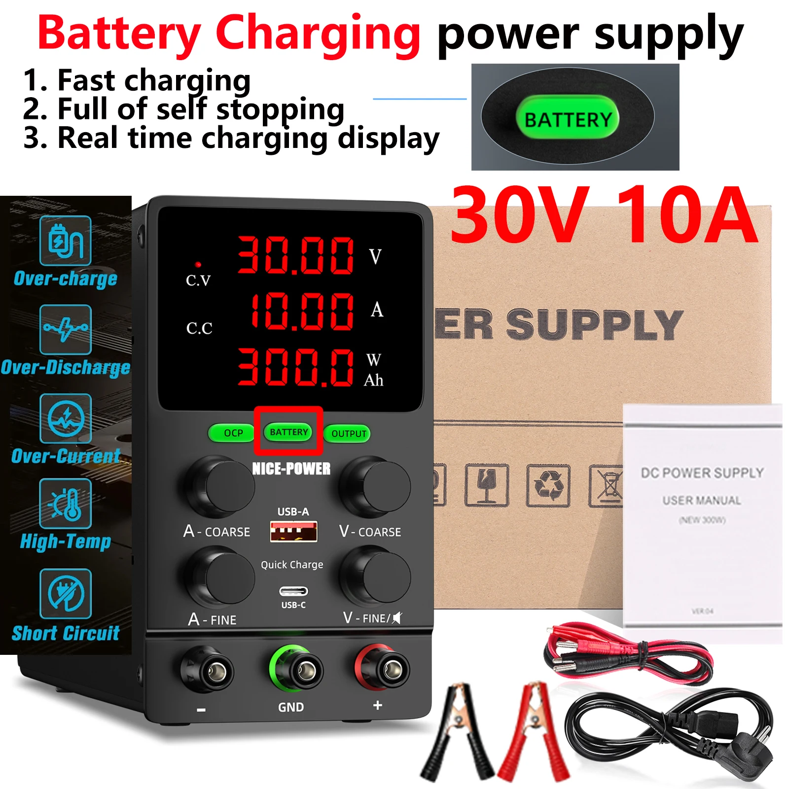 30V 10A DC Voeding Verstelbare Digitale Display Laboratorium Voeding Spanningsregelaar 60V 120V Onderhoud Snelle verzending