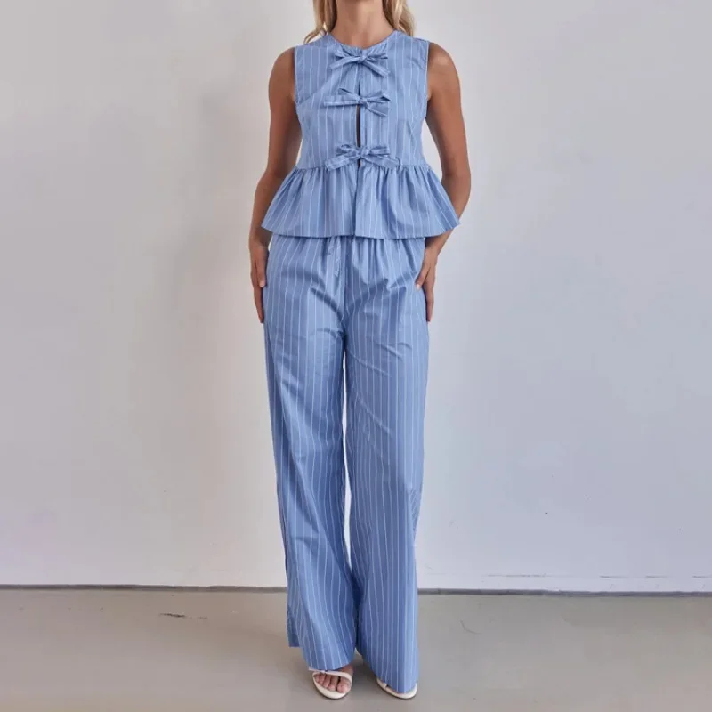 

Полосатый жилет с открытой передней частью, широкие брюки для отдыха Y2K, летний комплект на выход, элегантный женский комплект с завязкой спереди, комплект из двух предметов, наряд