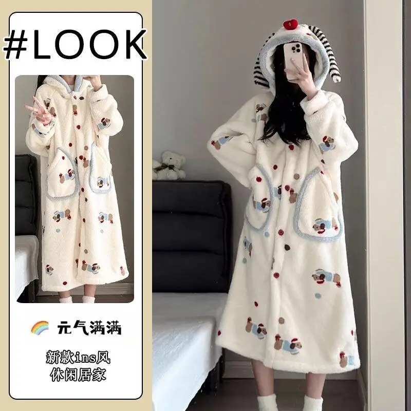 

Women's Cartoon Cute Girl Flannel Home Suit Comfortable Sleepwear Autumn Winter Thick Coral Fleece Nightgown Female Sleepcoat
