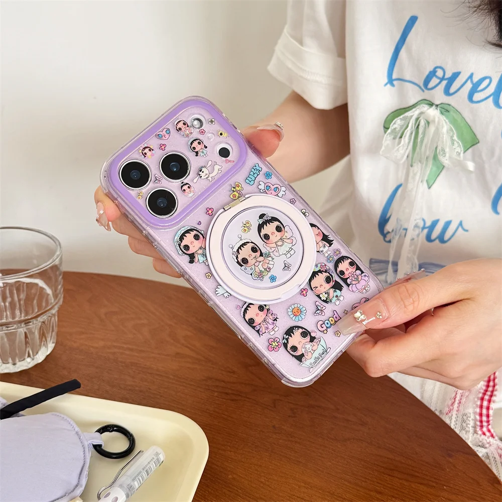 

New 2026 Cute Cartoon Girls Phone Case For iPhone 17 Pro 16 Max 15 Pro Max with 360° Stand Magnetic Fashion Shockproof Cover