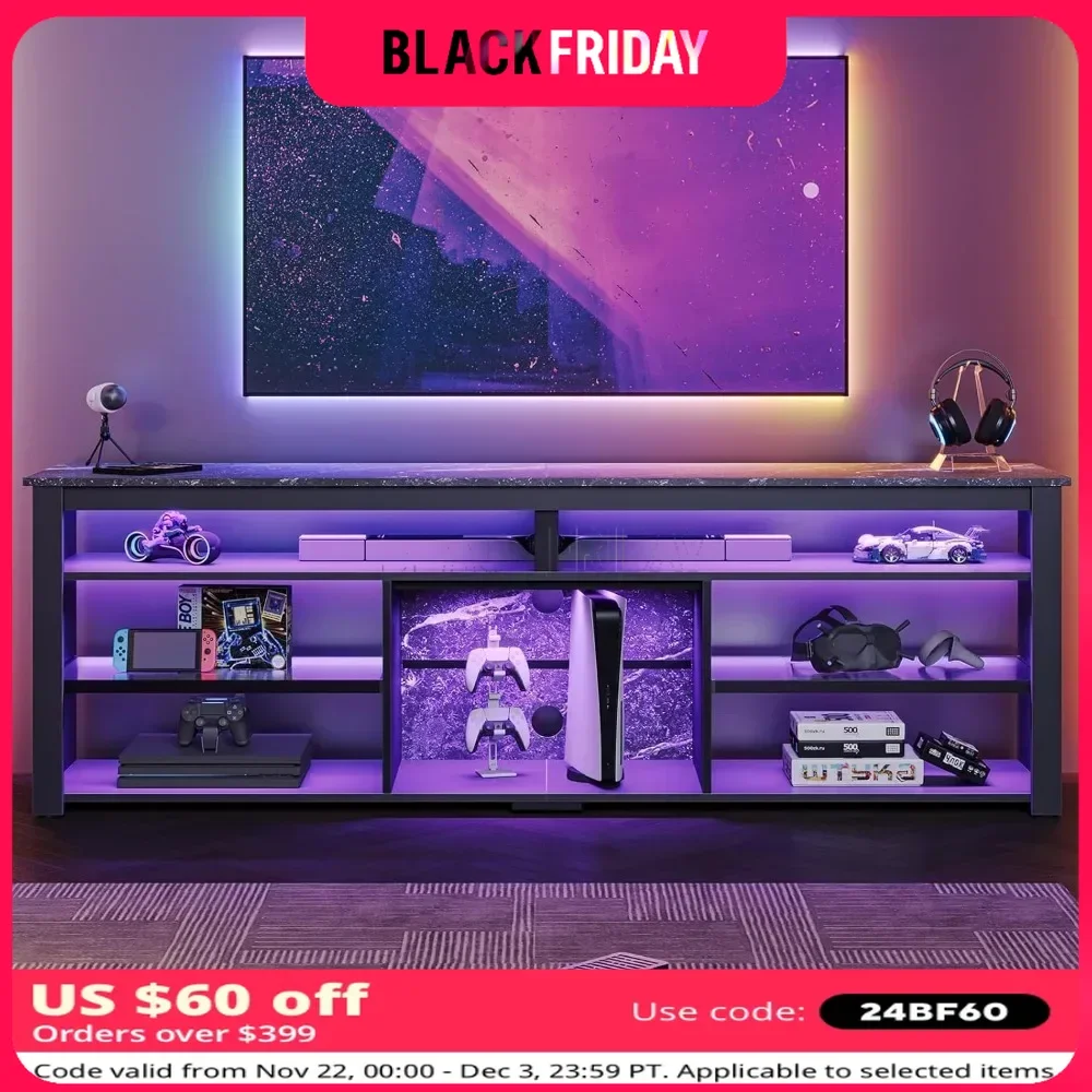 70 Inch TV Stand with Storage for 70/75/80 Inch TV, Tall LED Modern Gaming TV Cabine Console