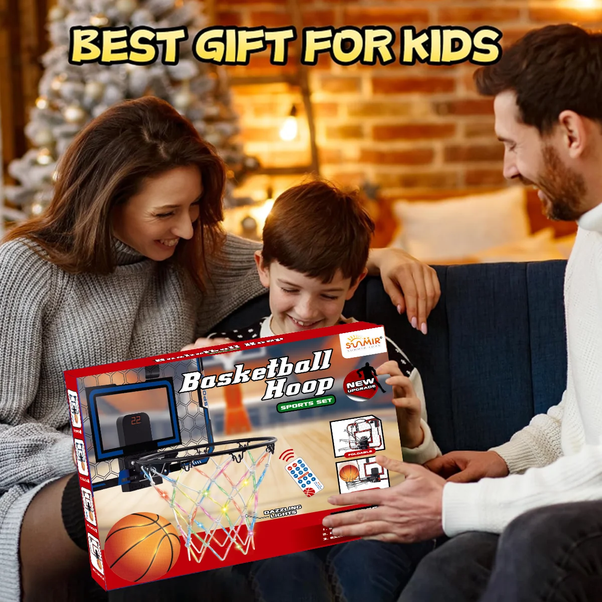 Basketball Hoop Indoor for Kids, Over The Door Basketball Hoops with LED Lighting & Audio Scoreboard, Christmas Gifts for Kids