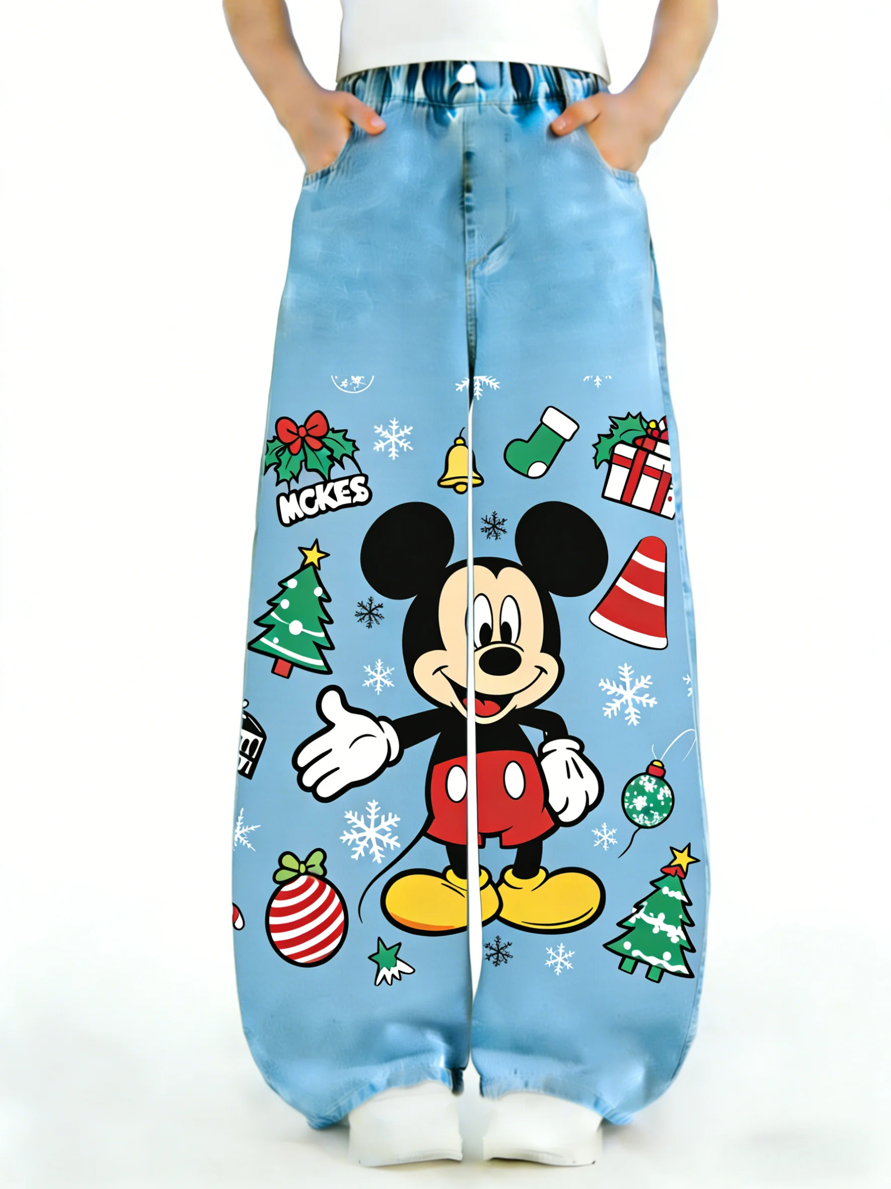 

Официальные джинсы-кэжуал для девочек Disney, классические джинсы с изображением Микки, ограниченная серия к 90-летию, мягкие джинсовые детские брюки прямого кроя