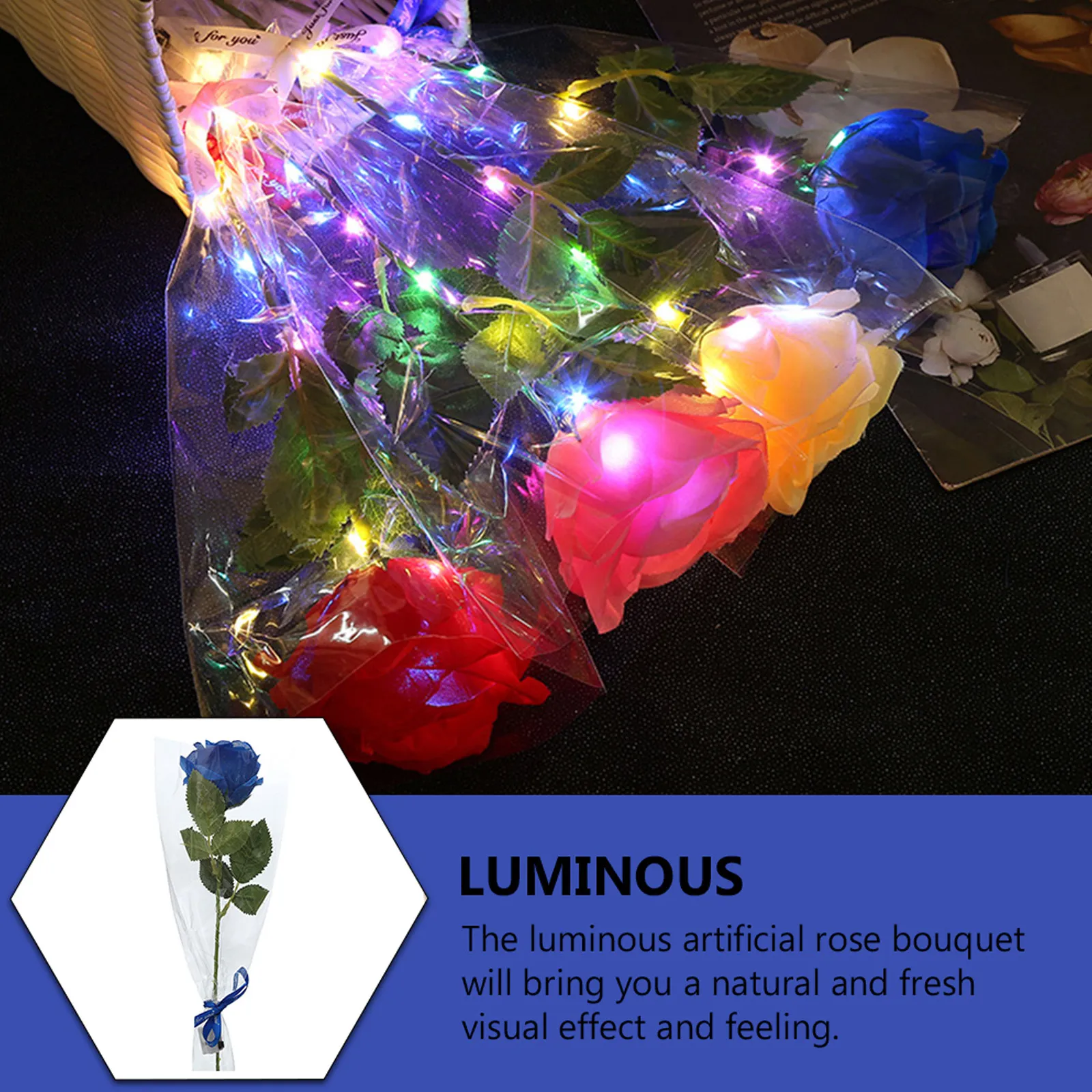 5Pcs Glowing Artificial Rose Bouquet Lifelike Fake Flower Decor Brighten Space No Watering Needed Elegant Table Setting Creative