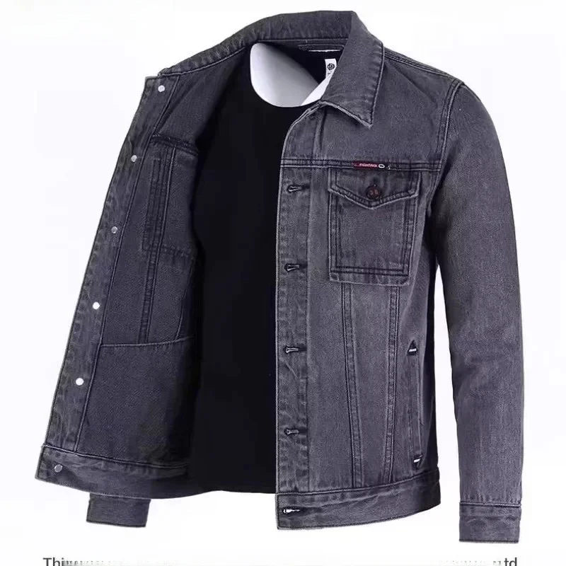 Men's Casual Long Sleeve Denim Jacket Autumn Winter Wear Resistant Loose Fit Jeans Coat with Multiple Pockets for Work