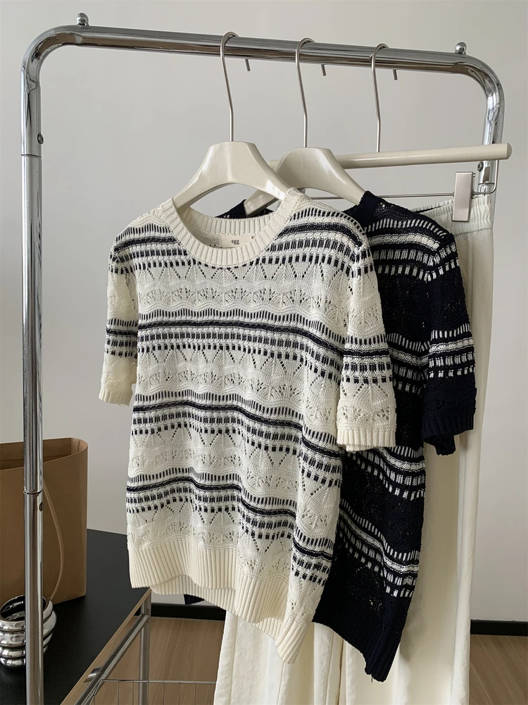 

Jacquard Hollow Knit Short Sleeve Women's Striped Ice Silk Round Neck T-shirt Loose Casual Top Summer