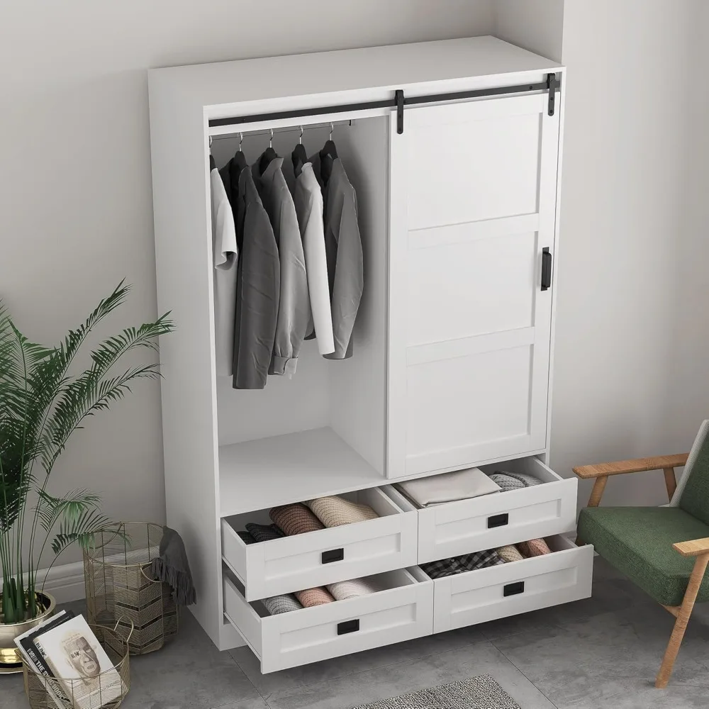 Armario alto de madera con puerta corrediza de Granero, armario con 4 cajones para dormitorio, armario de almacenamiento de ropa ajustable