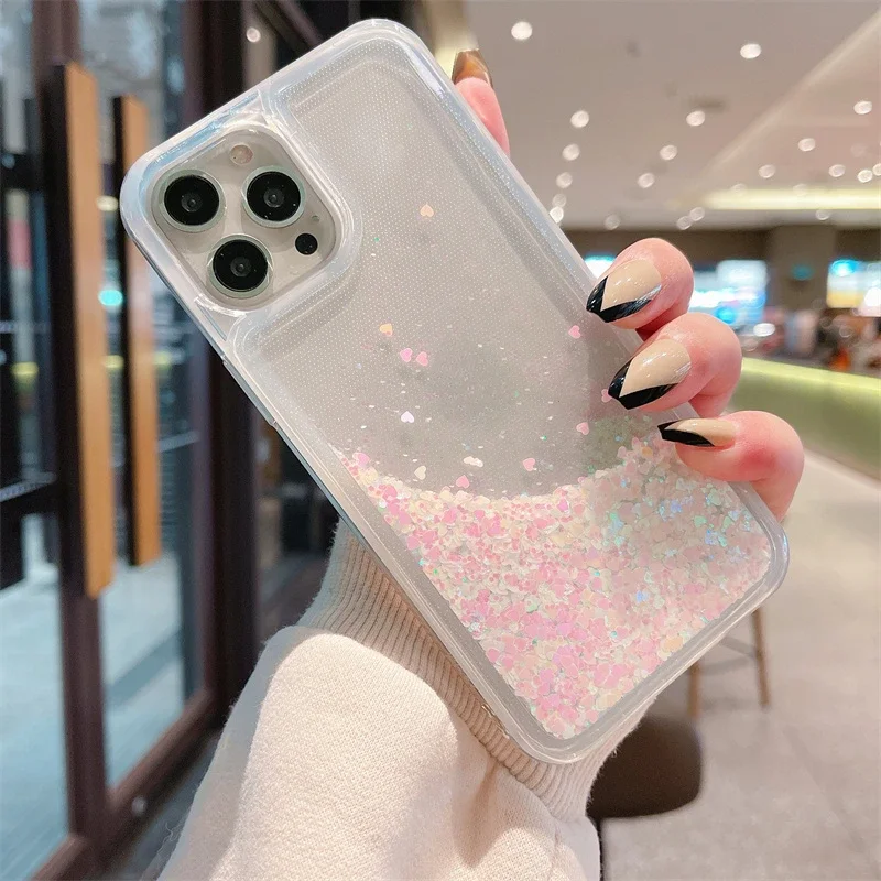 Shiny Sparkles Quicksand Soft Case for iPhone 14 16 15 Pro Max Plus Fashion Heart Sequins Phone Cover Shell Women Fundas Housing