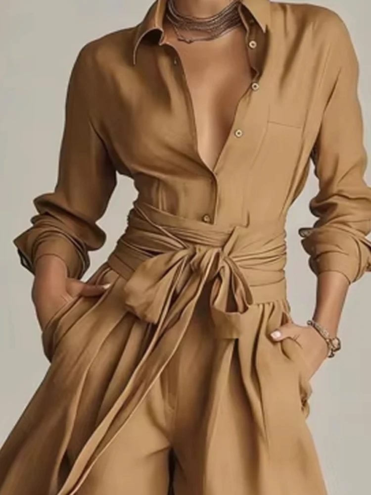 

Повседневный женский комплект из 2 предметов: модный костюм с длинным рукавом, однотонный, с завязками на талии, карманами, свободный крой, элегантная рубашка с отложным воротником на пуговицах и длинные брюки