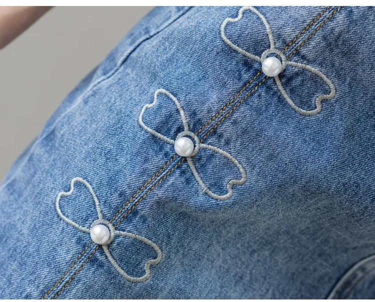 กระโปรงยีนส์ปักลายแฟชั่นฤดูใบไม้ผลิและฤดูร้อนใหม่ สไตล์ลำลอง สำหรับผู้หญิงสาวๆ ไซส์พลัส