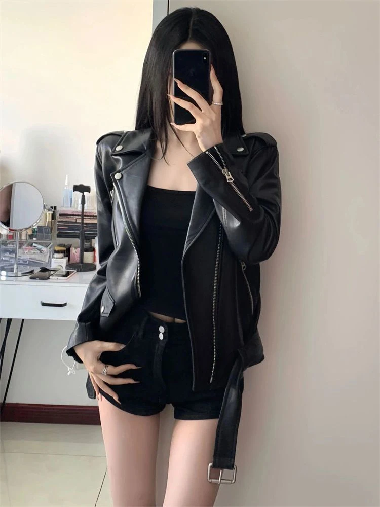 Printemps rue Sle femmes ample surdimensionné en cuir PU Jaet Bla Biker tenue Cool et épicé manteau de moto