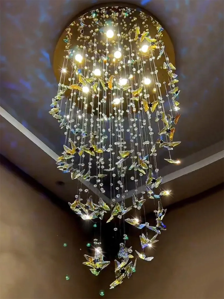 

2025 Hotel Lobby Attic Butterfly Crystal Multi Head Long Chandelier Living Room Interior Decoration K9 Crystal Staircase Light