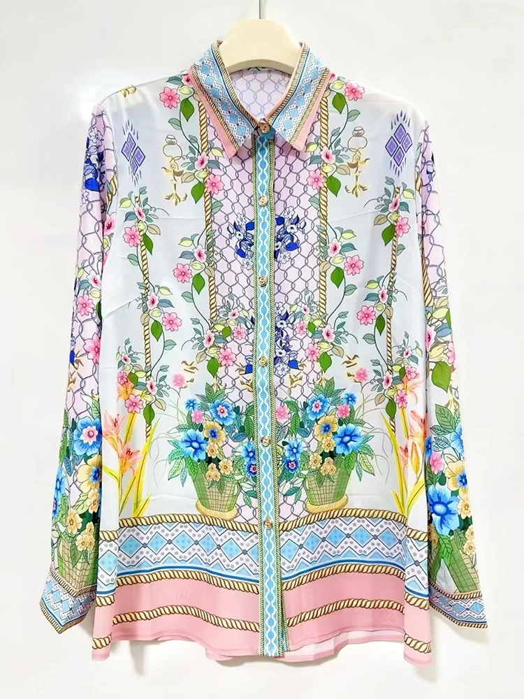

Designer's retro geometric printed lapel straight-leg shirt, a stylish and versatile loose shirt for women's autumn 2025