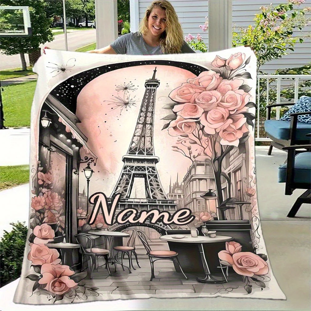 Personalisierte Flanelldecke mit Eiffelturm-Motiv – weich, warm, individueller Name, perfekt für Nickerchen, Camping, Reisen, Weihnachtsgeschenke
