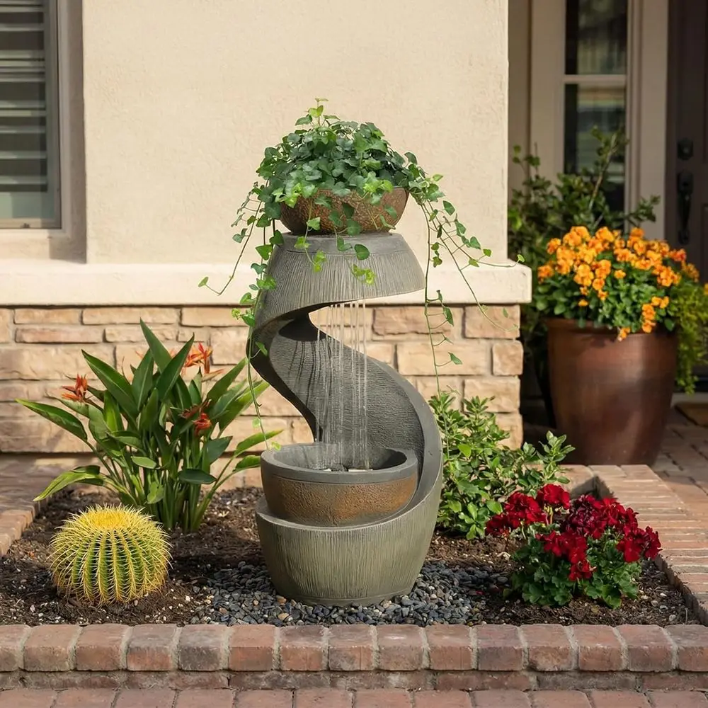 

Светодиодный S-образный уличный фонтан-водопад из полимерной смолы, высота 31,9 фута, для патио, сада, двора, домашнего декора, серый