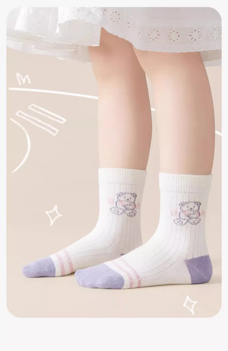 5 Paar Mädchensocken, Frühlings- und Sommer-Baumwollsocken, niedliche Bärensocken für Kinder, 1–14 Jahre, mittelhohe Kindersocken – Detail 3