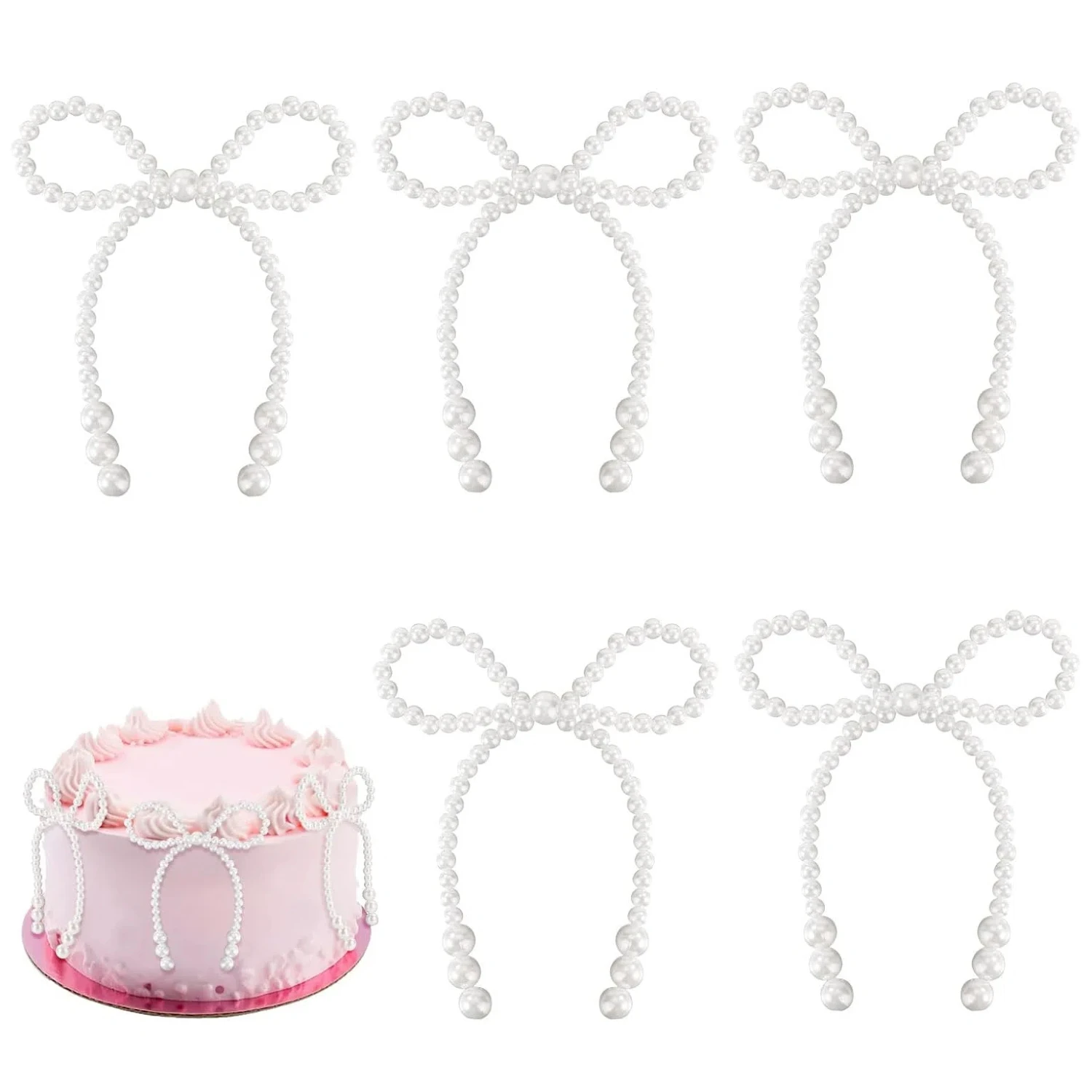 5-teilige Perlenschleife-Kuchendekoration, elegante weiße Cupcake-Topper mit Imitationsperle und Schleife für Hochzeit, Brautparty, Geburtstagsdekoration