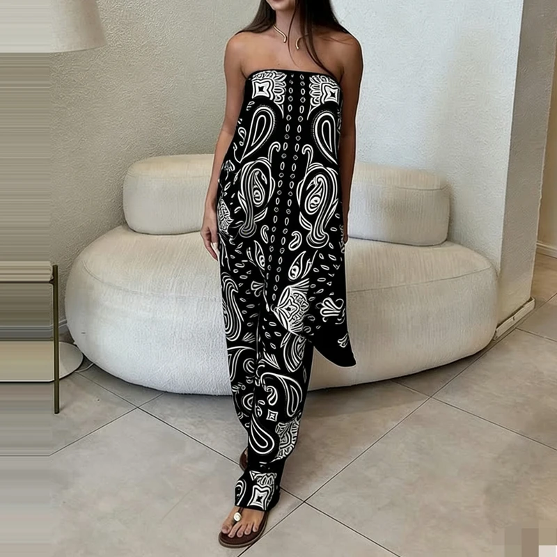 

Casual Off Shoulder Loose Beach 2 Piece Sets Ladies Strapless Top and Pants Summer Outfit Fashion Pattern Printed Holiday Suit