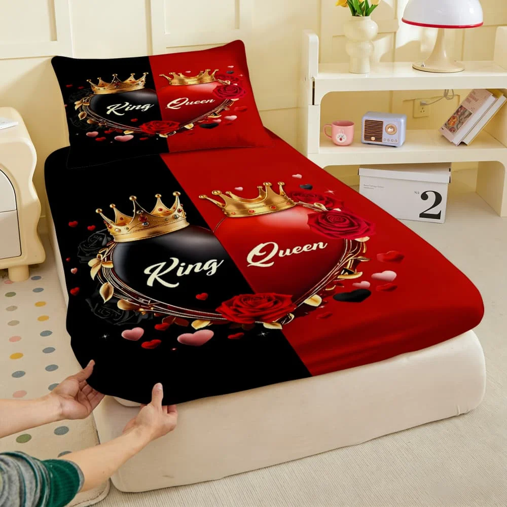 1pc King & Queen Heart Crown Print Fitted Sheet Deep Pocket Elastic Mattress Cover Single Double Queen King Bedroom Decor