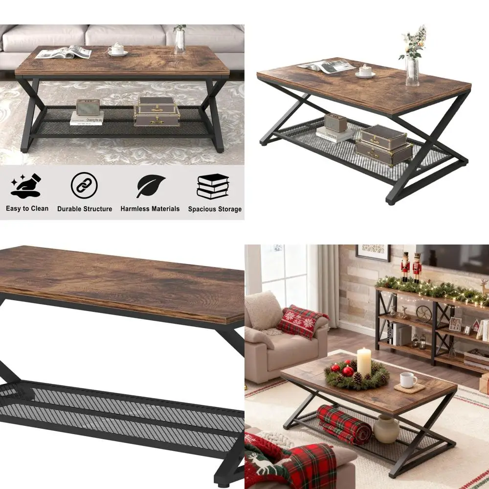 طاولة قهوة ريفية من المعدن والخشب مع مساحة تخزين، 39 نمط مزرعة لغرفة المعيشة أو المكتب أو غرفة النوم #1
