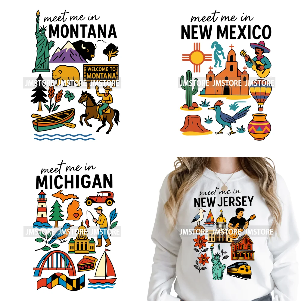 

Vintage Meet Me in US State Cityscape Landmark Travel Pride Iron on DTF Washable Transfers Stickers Ready to Press for Hoodies