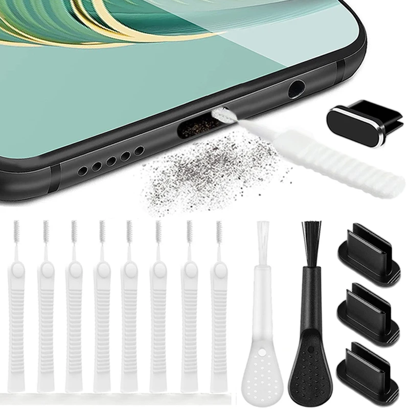 Mobile Phone Charging Port Metal Dust Plug for Samsung Xiaomi Huawei Type-C Port Cleaner Kit Computer Keyboard Cleaning Brush