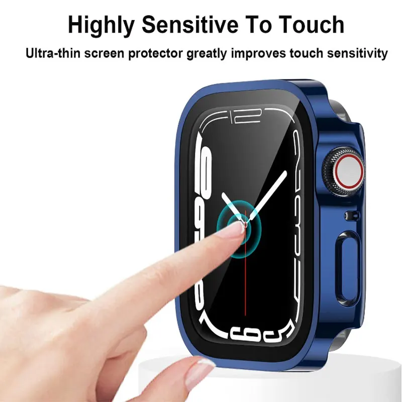 Tempered Glass Case for Apple Watch 9 7 8 45mm 41mm Screen Protector Cover Waterproof Hard PC Bumper iWatch 4 5 SE 6 44mm 40mm