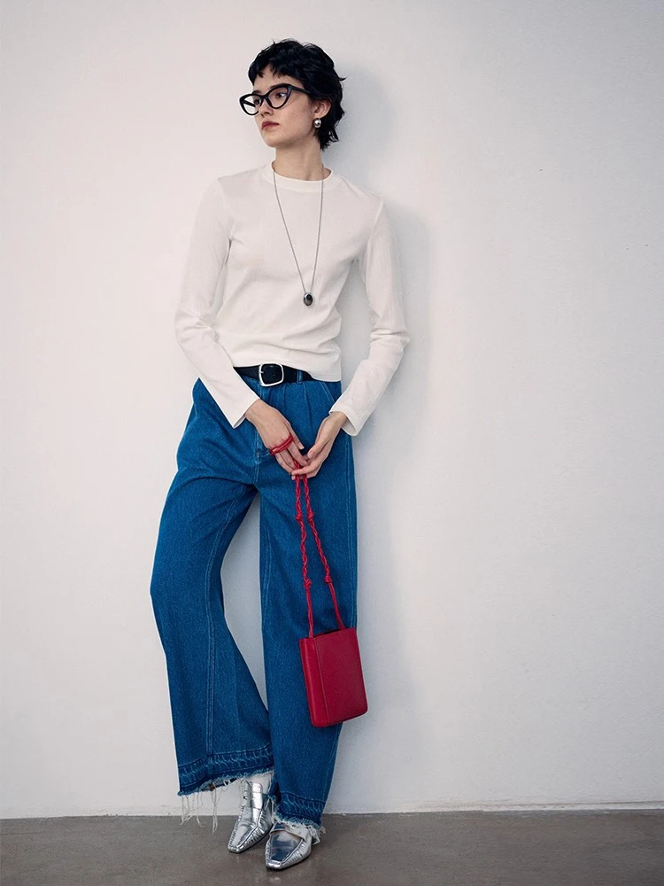 Katoenen kleine halfhoge kraag, onregelmatig geribbeld effen wit basisoverhemd met hoge elasticiteit voor herfst en winter 2025