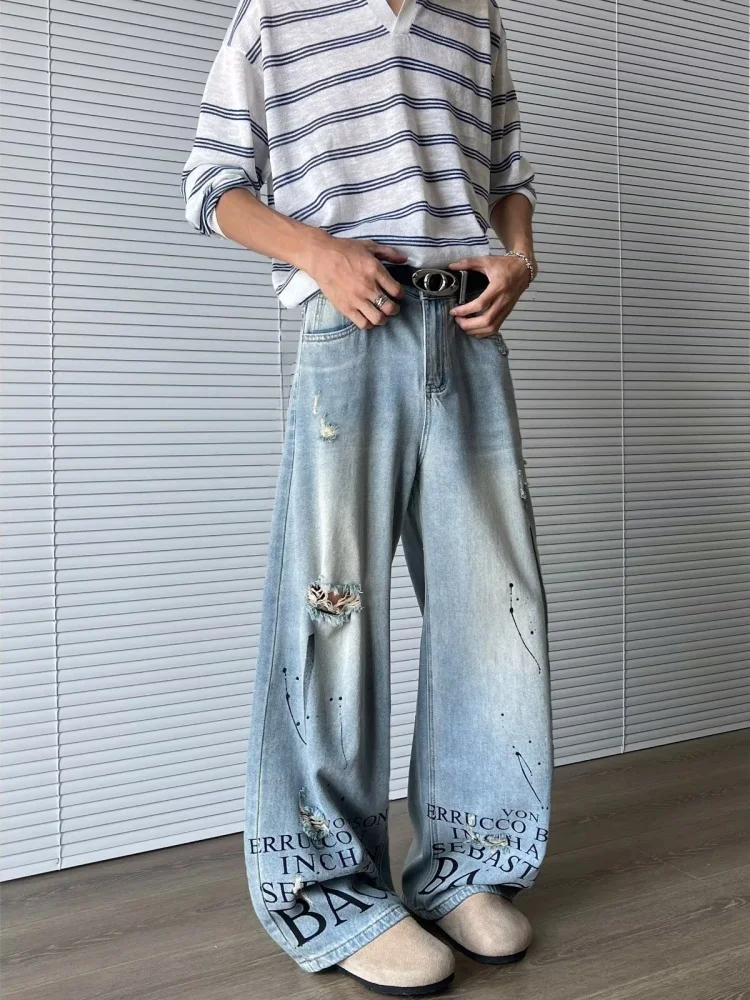 Trashy Y2K 2000S Brief Gedruckt Gewaschen Blau Baggy Zerrissene Jeans Hosen Für Männer 90S Vintage Kleidung Denim Hosen Pantalon hombre – Detail 7