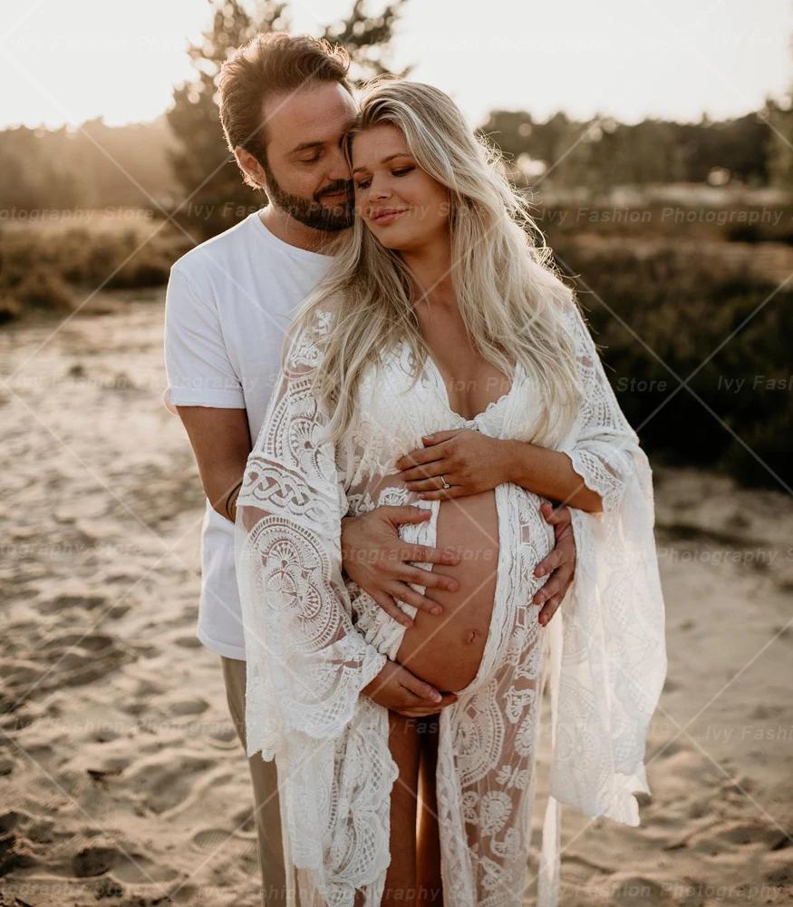 Maternity Photography Props Dress Lace Flare Sleeve Robe Bohemian Photo Shooting Pregnancy Dress Baby Showers Robe