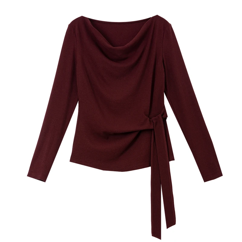 VIMLY 여성 티셔츠 캐주얼 가을 2025 사이드 타이 슬래시 넥 니트 여성 티셔츠 우아하고 섹시한 슬림 핏 긴팔 여성 상의 A3289