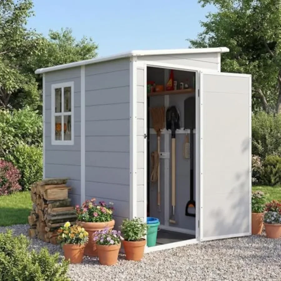 Outdoor storage shed for feet with plastic construction, gray color, weather-resistant and includes floor