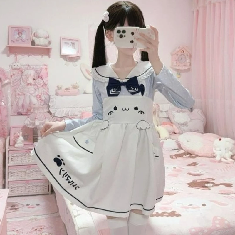 

Japanese Kawaii Cute Lolita Style Dress Set Women Sweet Bow Sailor Collar Top Chic Print Strap Dresses Y2k Party Mini Dress Suit