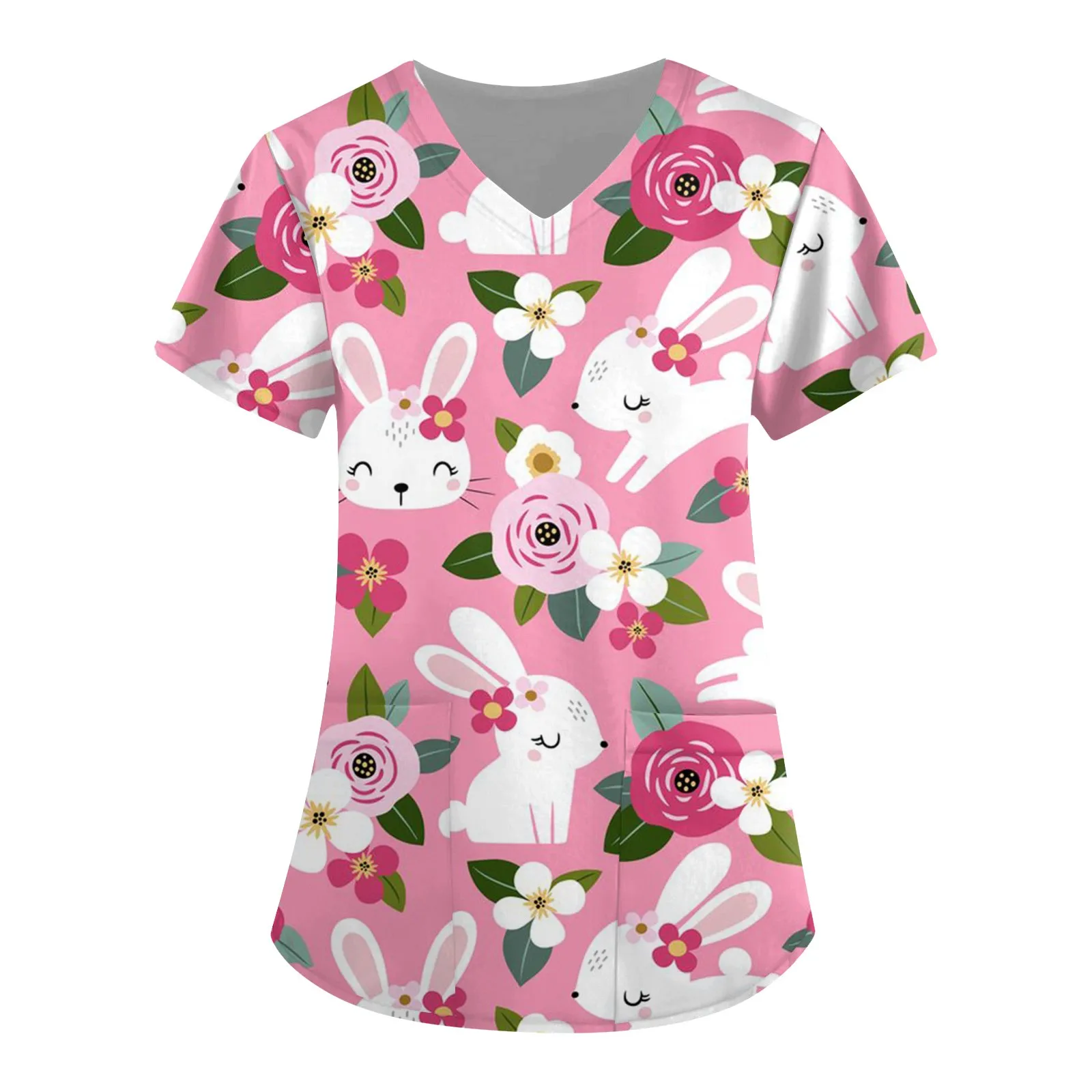 Surgical Uniforms Woman Cute Bunny Print Dental Medico Tops Casual V-Neck Short Sleeve with Pockets Nursing Uniform for Women