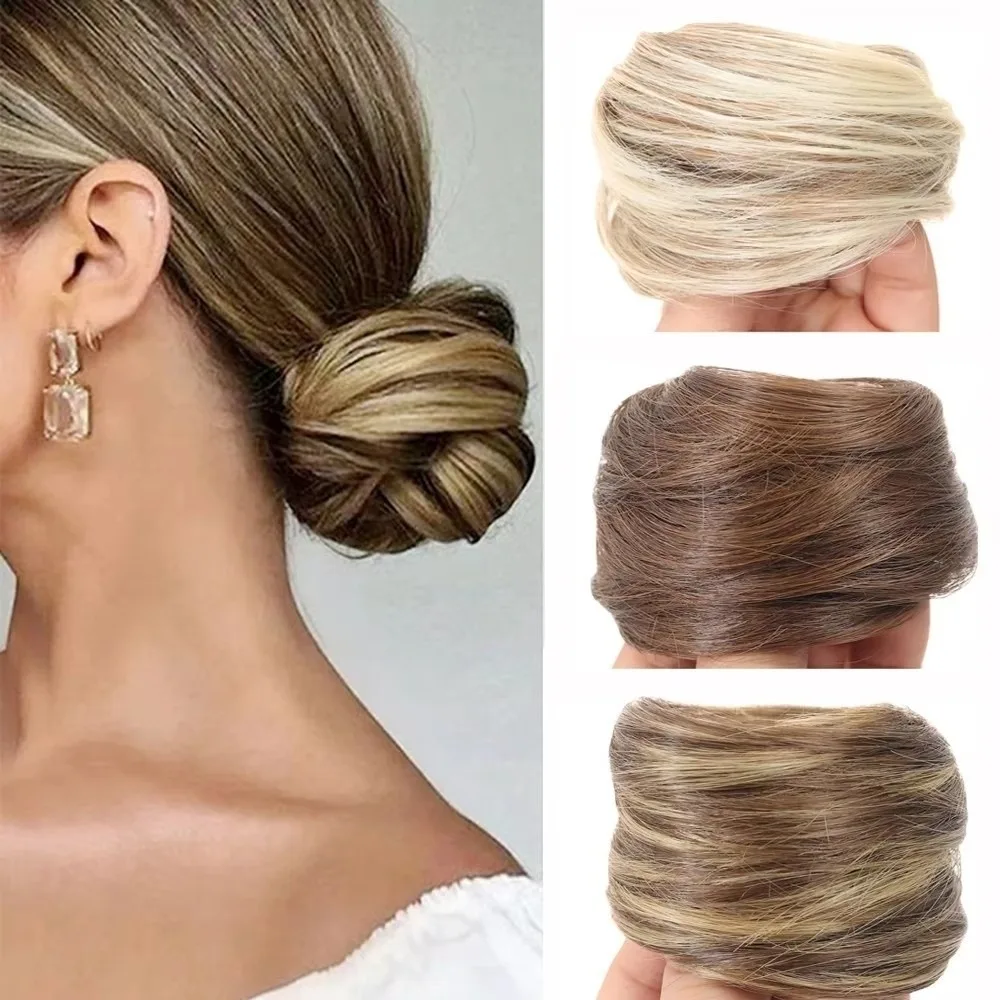 Fashion Fluffy Messy Bun Scrunchies Golden Brown Elastic Rubber Band Synthetic Straight Hair Hair Bun Updo Hairstyle