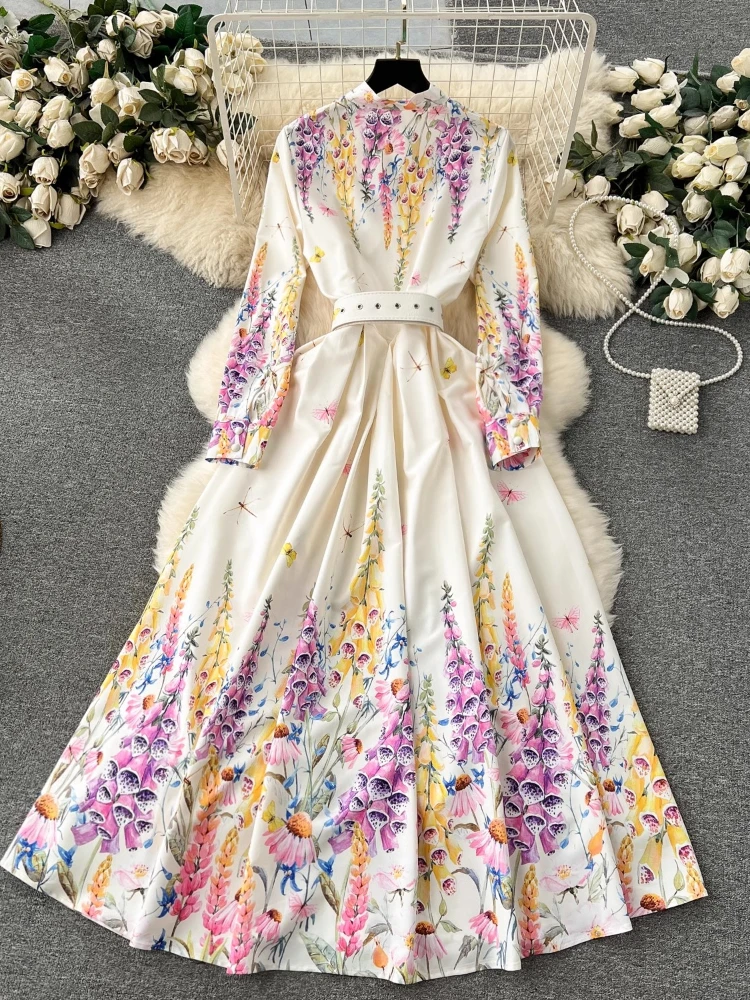 Women Elegant Floral Party Dress Spring Auutmn Bandage Bow Collar Long Sleeved Pleated Vintage Oil Painting Printed Dresses