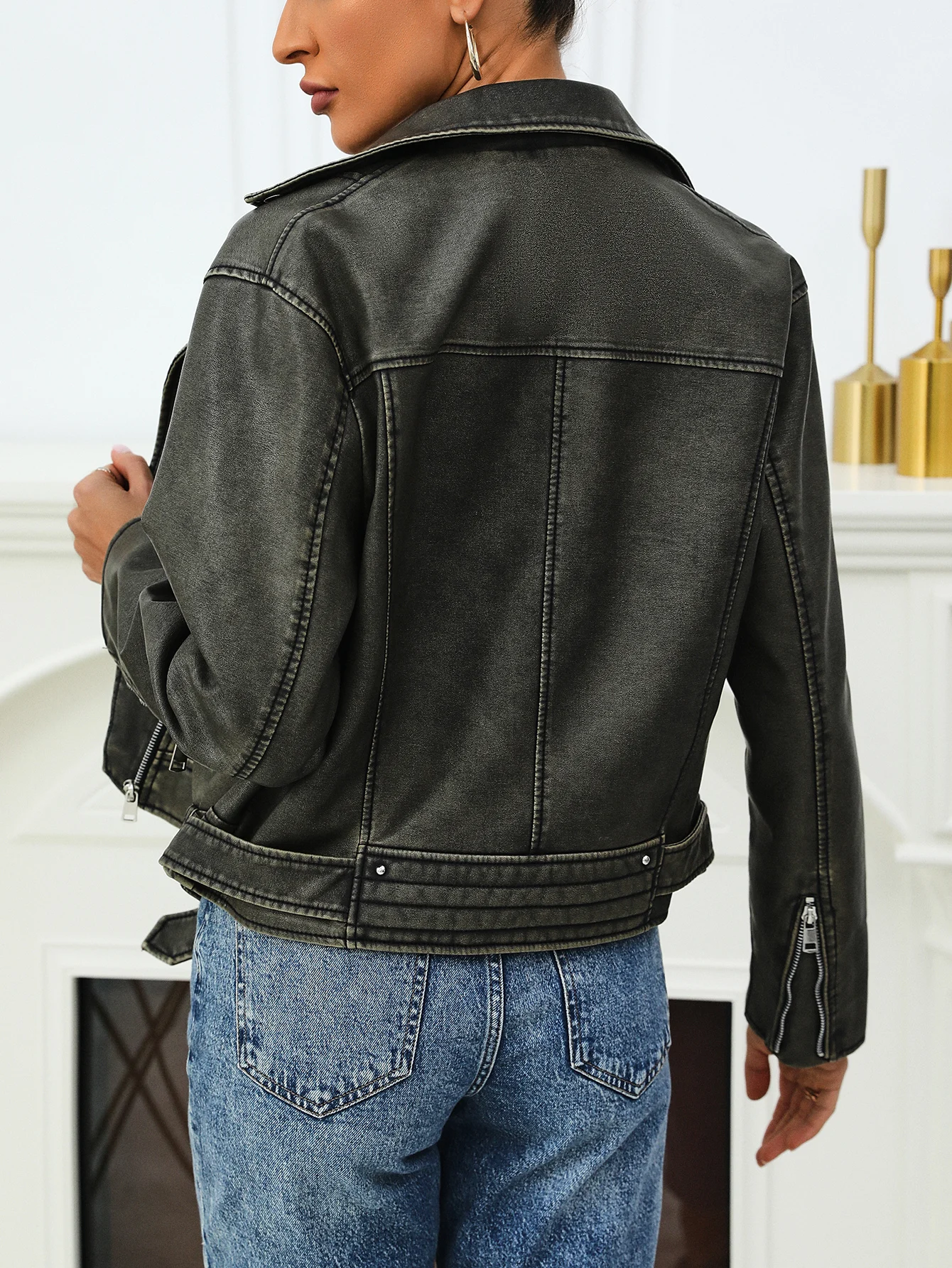 سترة نسائية من الجلد الصناعي معاطف كبيرة الحجم للدراجات النارية ملابس خريفية عصرية ملابس شتوية