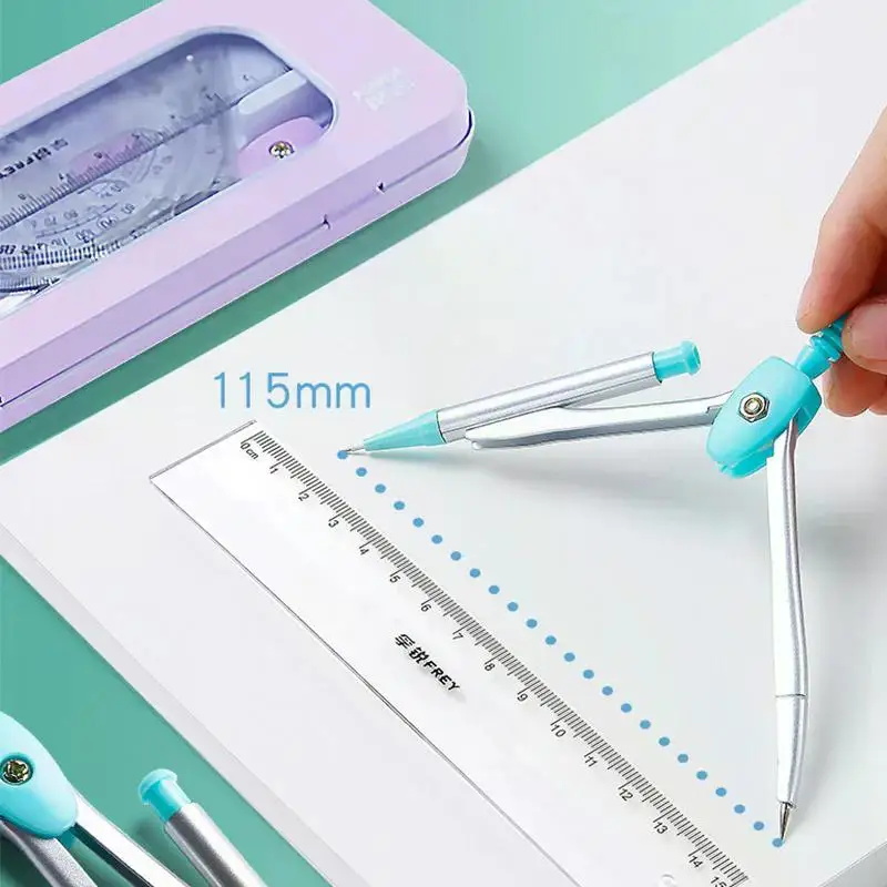 7pcs Mathematical Set Compass Lead Straight Ruler Combination for Students 2023 School Supplies Cute Math Drawing Measuring Tool